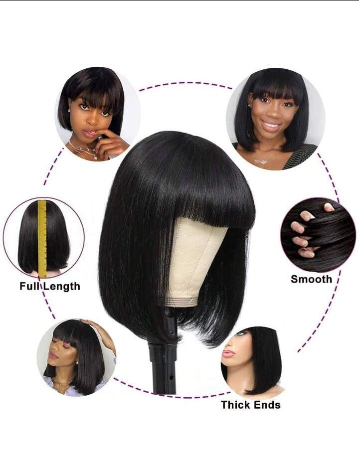 Human Hair Straight Wig with Bangs